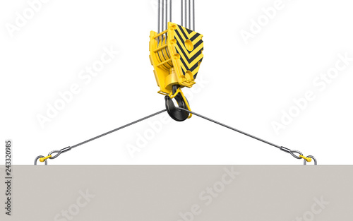 Fototapeta Naklejka Na Ścianę i Meble -  Abstract concrete slab hanging on a black and yellow construction towe crane hook block . 3d render of overhead hookblock with empty board isolated on white background.