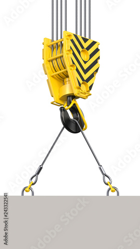 Fototapeta Naklejka Na Ścianę i Meble -  Abstract concrete slab hanging on a black and yellow construction towe crane hook block . Vertical orientation 3d illustration of overhead hookblock with empty board isolated on white background