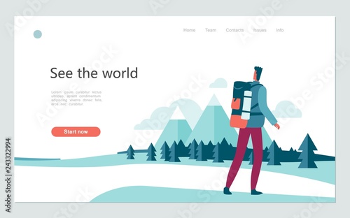 See the world, Go to travel, tourist, mountains forest, Landing page vector