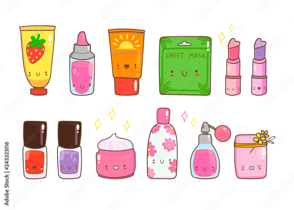 Hand drawn various kawaii cosmetics. Colored vector set. All elements