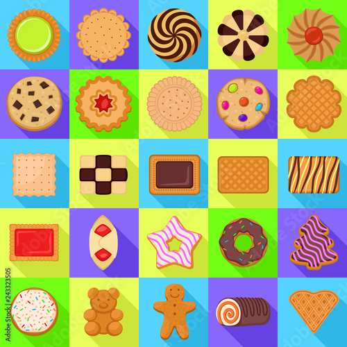 Biscuit icons set. Flat set of biscuit vector icons for web design
