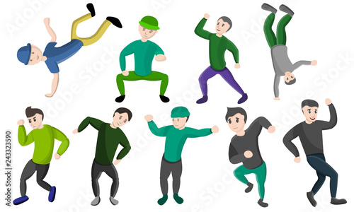 Hiphop dance icons set. Cartoon set of hiphop dance vector icons for web design