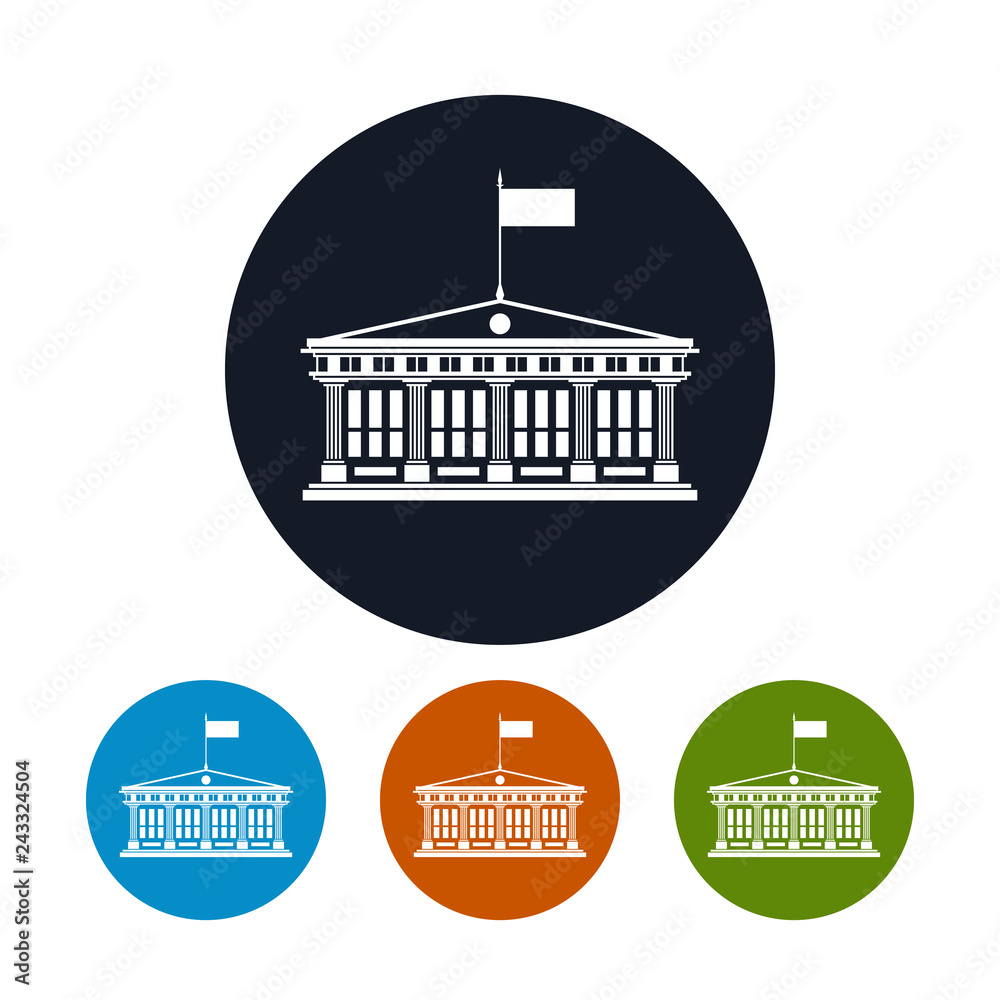 Four types of colorful round icons school house with a flag on the roof, bank or court, government building or hotel, financial institution, vector illustration