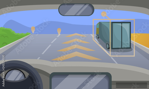Driverless car highway moving concept background. Cartoon illustration of driverless car highway moving vector concept background for web design