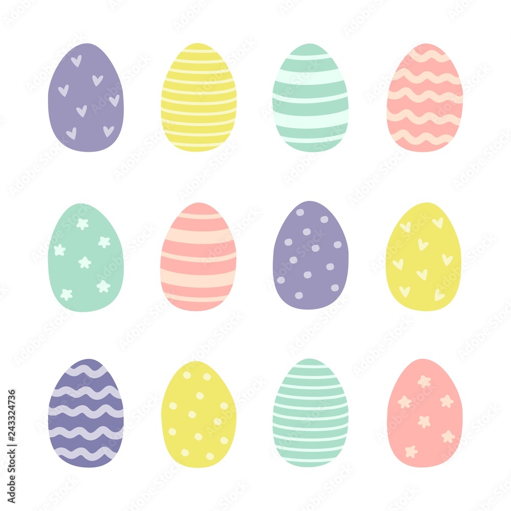 Set of Easter eggs in Pink, Green, Blue, and Yellow. Stripes, waves, dots, hearts, stars. Perfect for holiday greetings. Vector illustration.