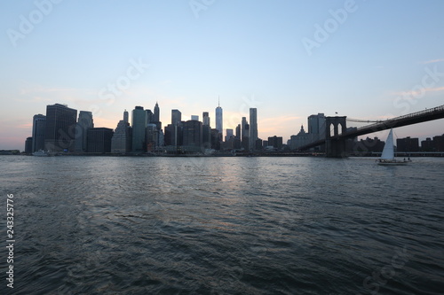 View from the sea of New York and the bridge