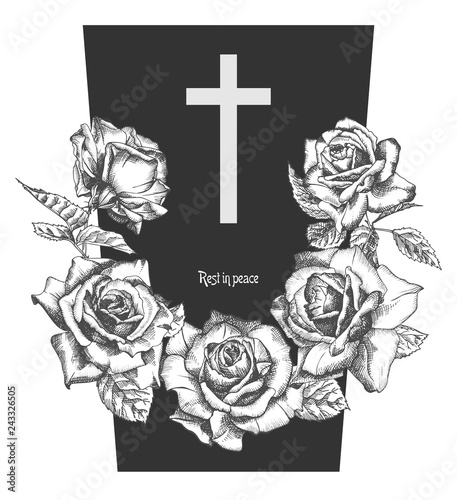 Funeral ornament concept with hand drawn roses and cross in black color isolated on white Vintage engraved style Modern template background design for invitation, card, obituary