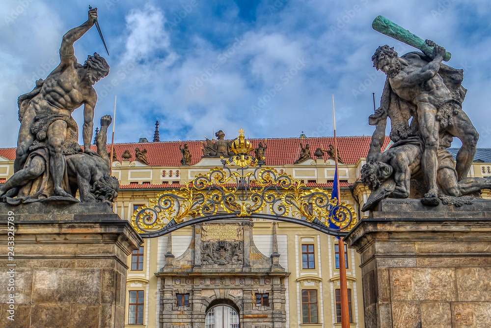 Statue of Battling Titan over the front gate of Hradcany Castle in Prague (Praha), Czech Republic
