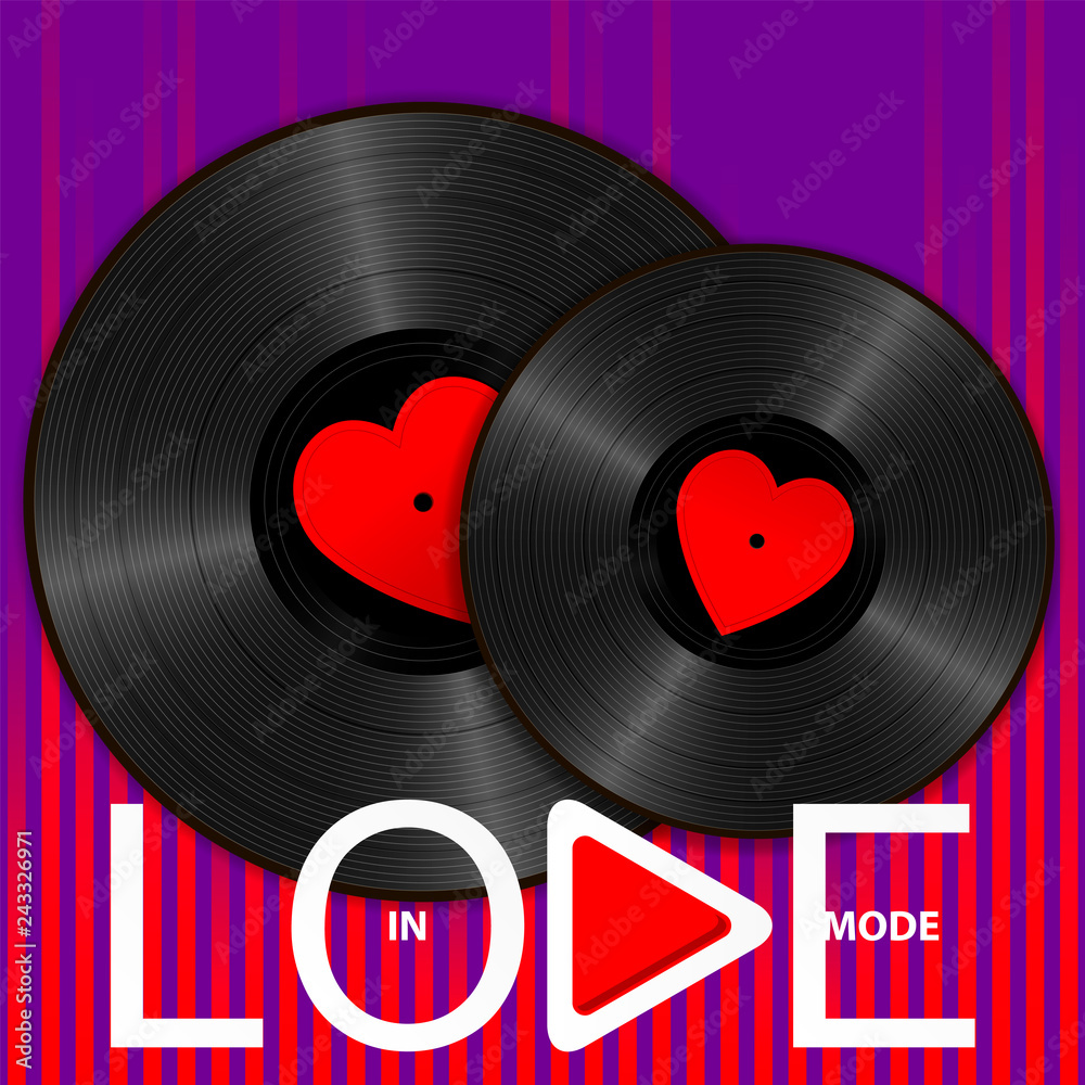 Two Realistic Black Vinyl Records with red heart labels, lettering In love mode and play button on purple sound wave equalizer background. Retro concept of music and romance Two Realistic Black Vinyl Records with red heart labels, lettering In love mode and play button on purple sound wave equalizer background. Retro concept of music and romance