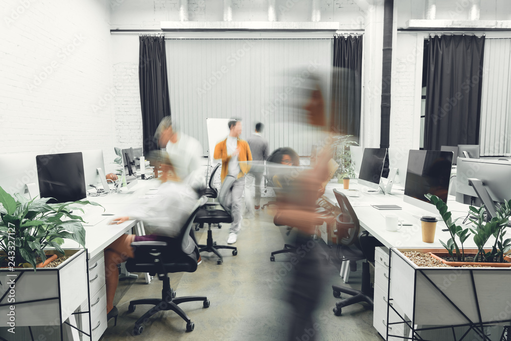 contemporary open space office interior with blurred coworkers in motion - obrazy, fototapety, plakaty 