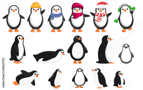Penguin icons set. Cartoon set of penguin vector icons for web design