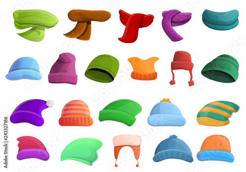 Winter headwear icons set. Cartoon set of winter headwear vector icons for web design