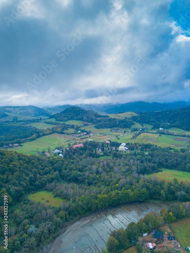 Beautiful Bieszczady mountains and village view photographed from drone