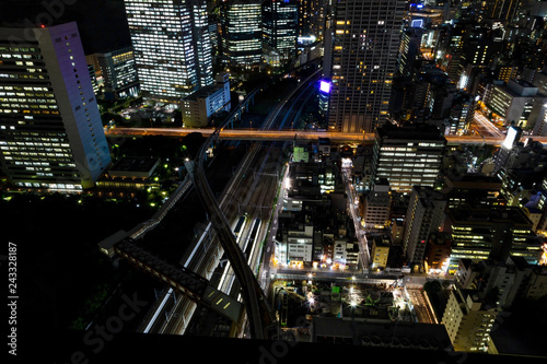 Tokyo city skyline with night light  and railway   japan