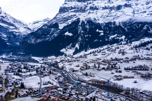 Aerial view of Grindelwald in cloudy weather, Wetterhorn, Interlaken-Oberhasli, Bernese Oberland, Konton Bern, Switzerland