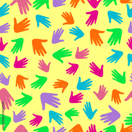 Colorful vector pattern with illustration of a people s hands with different skin color together. © biruzza