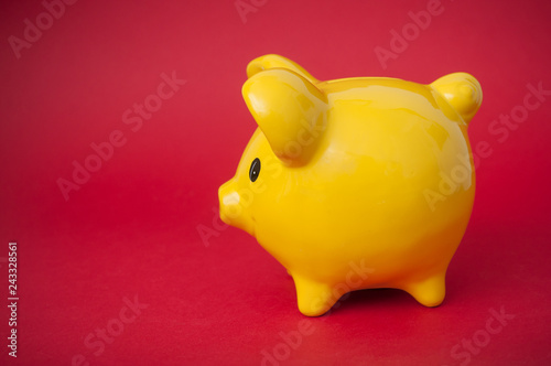 closeup of yellow piggy bank on red background