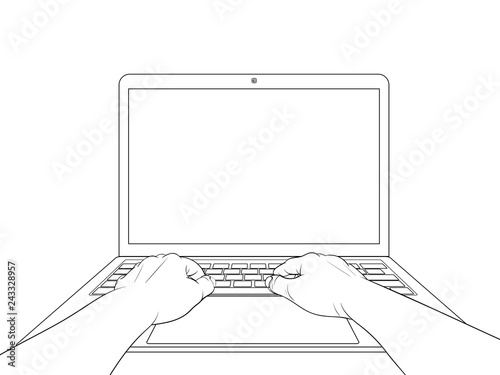 Hands working on laptop with blank screen isolated on white background. Vector illustration
