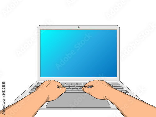 Hands working on laptop with blank screen isolated on white background. Vector illustration