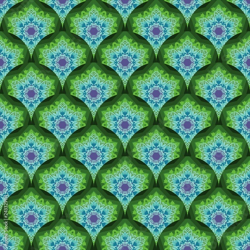 tribal mandala flower design for seamless pattern vector with blue and green color tone background