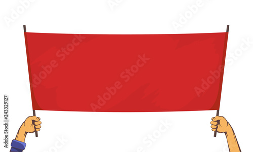 People are holding a red banner. Isolated on white background