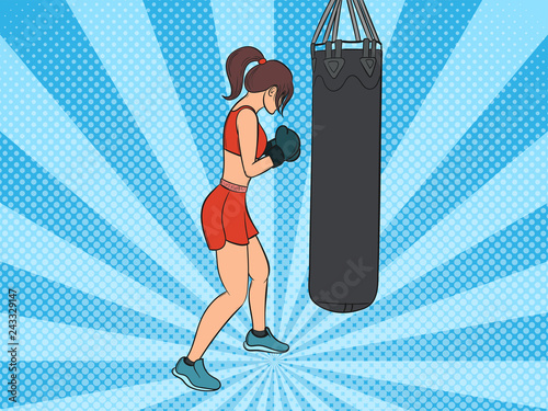 Woman boxing. Girl with punching bag. Pop Art vintage vector illustration