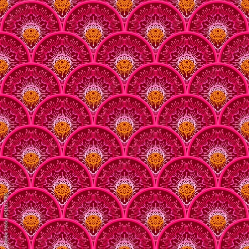 abstract mandala scale petal and pollen  design for seamless pattern vector background with coral pink 