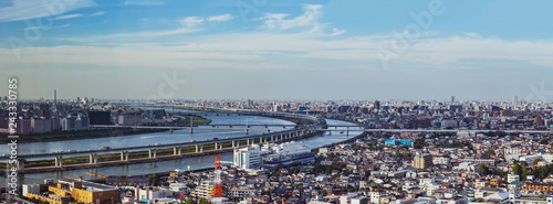 Tokyo city with  Arakawa river and highway roads in sky view