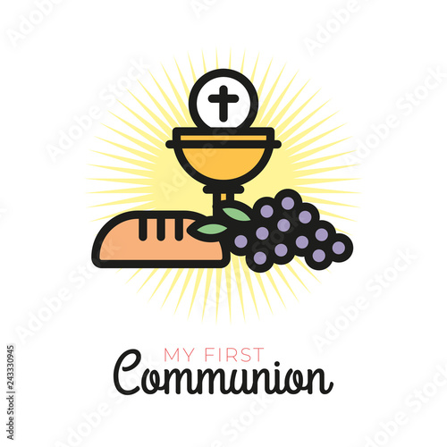 First communion symbols for a nice invitation design. Church and Christian Community Flat Outline Icons.