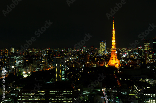 Tokyo city skyline in evening with Tokyo tower at hight, skyscaper