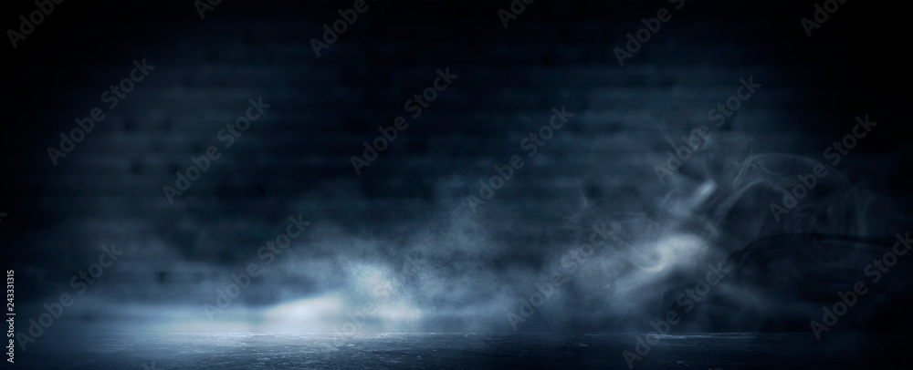 Empty dark room, cold dark background, smoke, smog, the light from the window falls to the floor. Dark blue gloomy background.   3D rendering