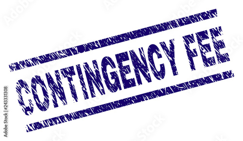 CONTINGENCY FEE seal print with distress style. Blue vector rubber print of CONTINGENCY FEE text with scratched texture. Text tag is placed between parallel lines.