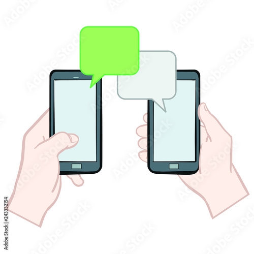 Two hands holding a smartphone in hand and writing each other a text. Speech bubbles for text. SMS, message, communication. Isolated, vector graphics. Gray, green. 