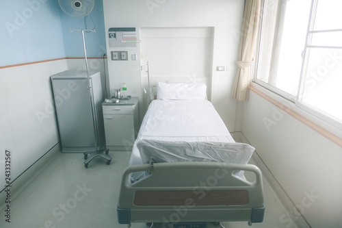 Empty hospital bed in hospital ward