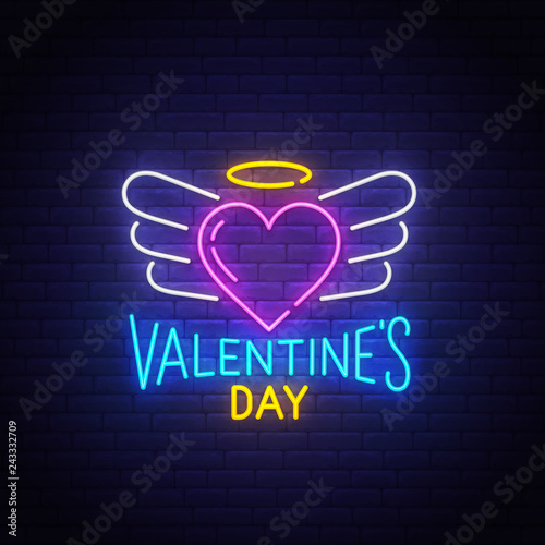 Valentines Day neon text, bright signboard, light banner. Happy Valentine's Day logo neon, emblem. Vector illustration