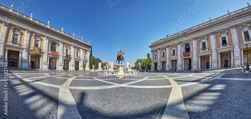 Italy Rome Capitoline hill city square museum buildings and statue illuminated at sunrise