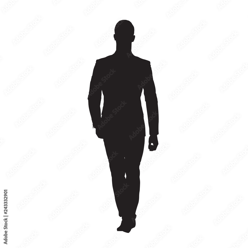 Business man walking in suit, isolated vector silhouette, front view
