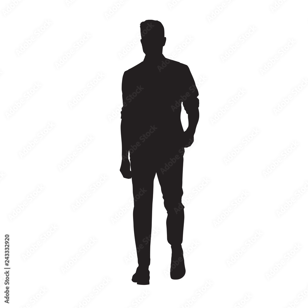 Man in shirt walking forward, isolated vector silhouette, young people