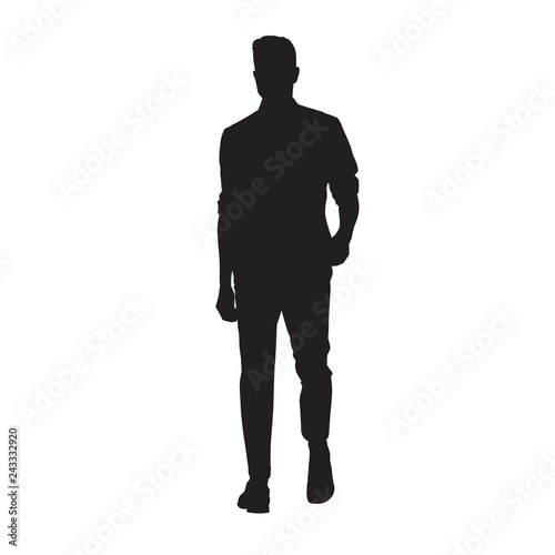 Man in shirt walking forward, isolated vector silhouette, young people
