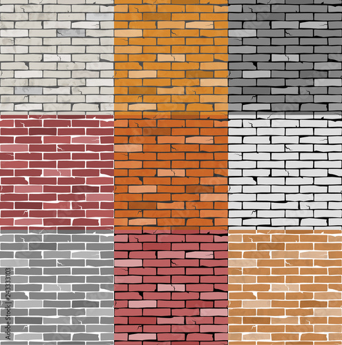 9 Seamless vector patterns. Old cracked brick wall patterns. Abstract background.