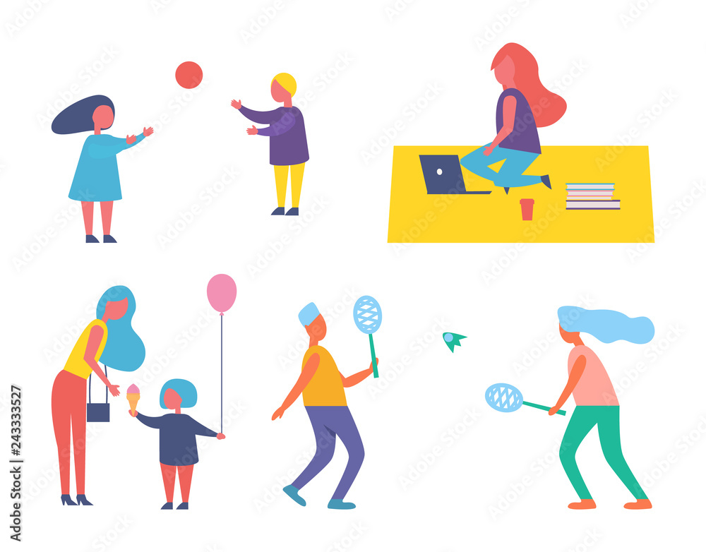 Fototapeta premium Children Playing with Ball Set Vector Illustration