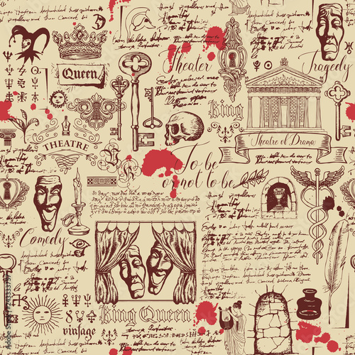 Vector seamless pattern on the theme of theater and drama with drawings of theatrical masks, vintage keys and lettering. Retro wallpaper, wrapping paper or backdrop for textile with sketches and blots © paseven