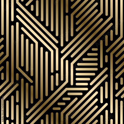 Vector seamless geometric luxury pattern - techno style. Creative digital background. Gold gradient striped design