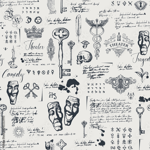 Vector seamless pattern on the theme of theater and drama with drawings of theatrical masks, vintage keys and lettering. Retro wallpaper, wrapping paper or backdrop for textile with sketches and blots