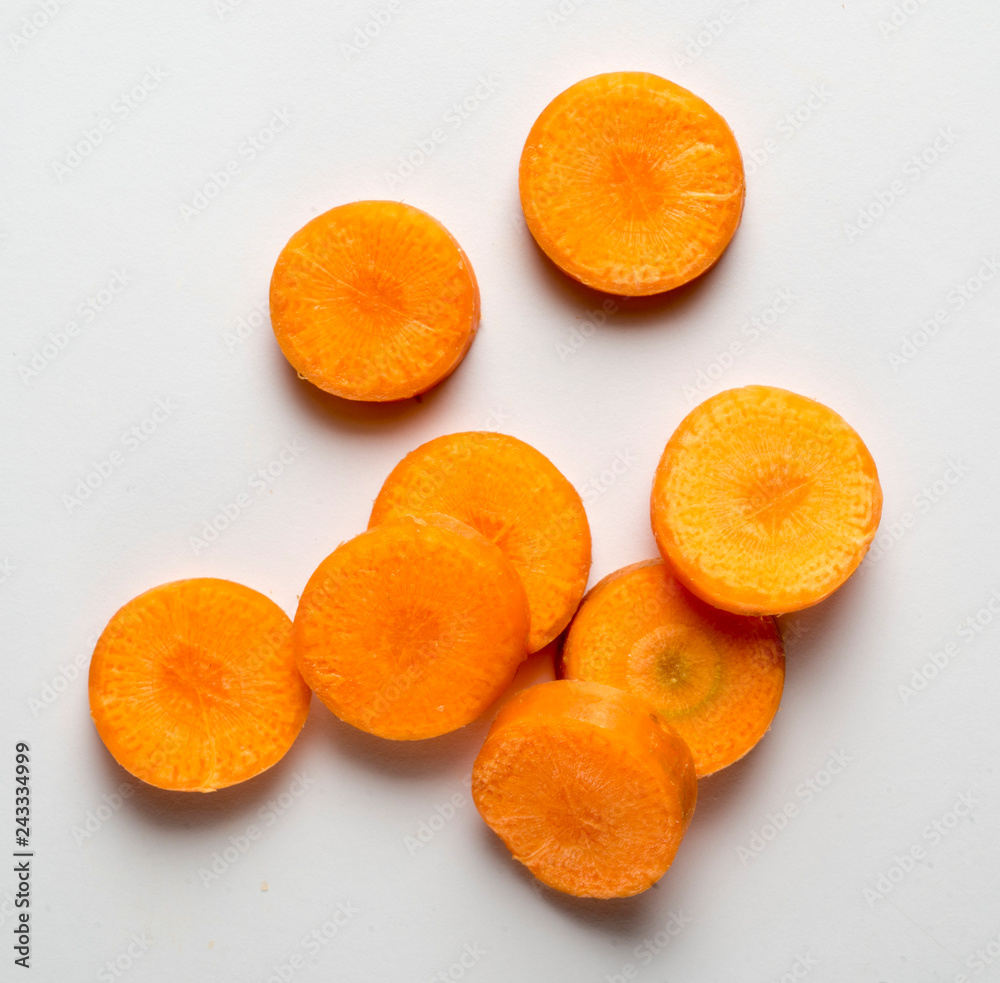 rounded slices of carrot on white, with shadow, view from above
rounded slices of carrot on white, with shadow, view from above