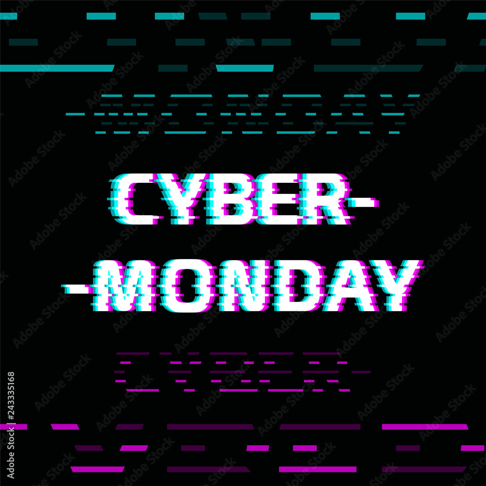 Obraz premium Cyber monday glitch effect text on black screen background