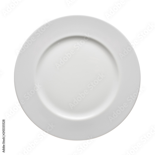 empty white plate from above on white background, no shadow
