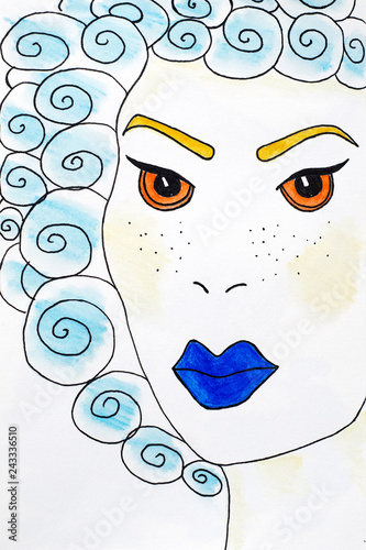 Illustration of fantasy woman with blue lips, yellow eyesbrows, orange eyes and blue curly hair. Surreal portrait on white background photo