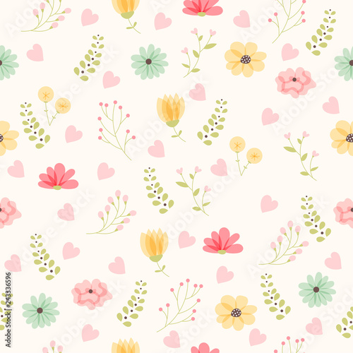 Vector floral pattern in doodle style with flowers and leaves.