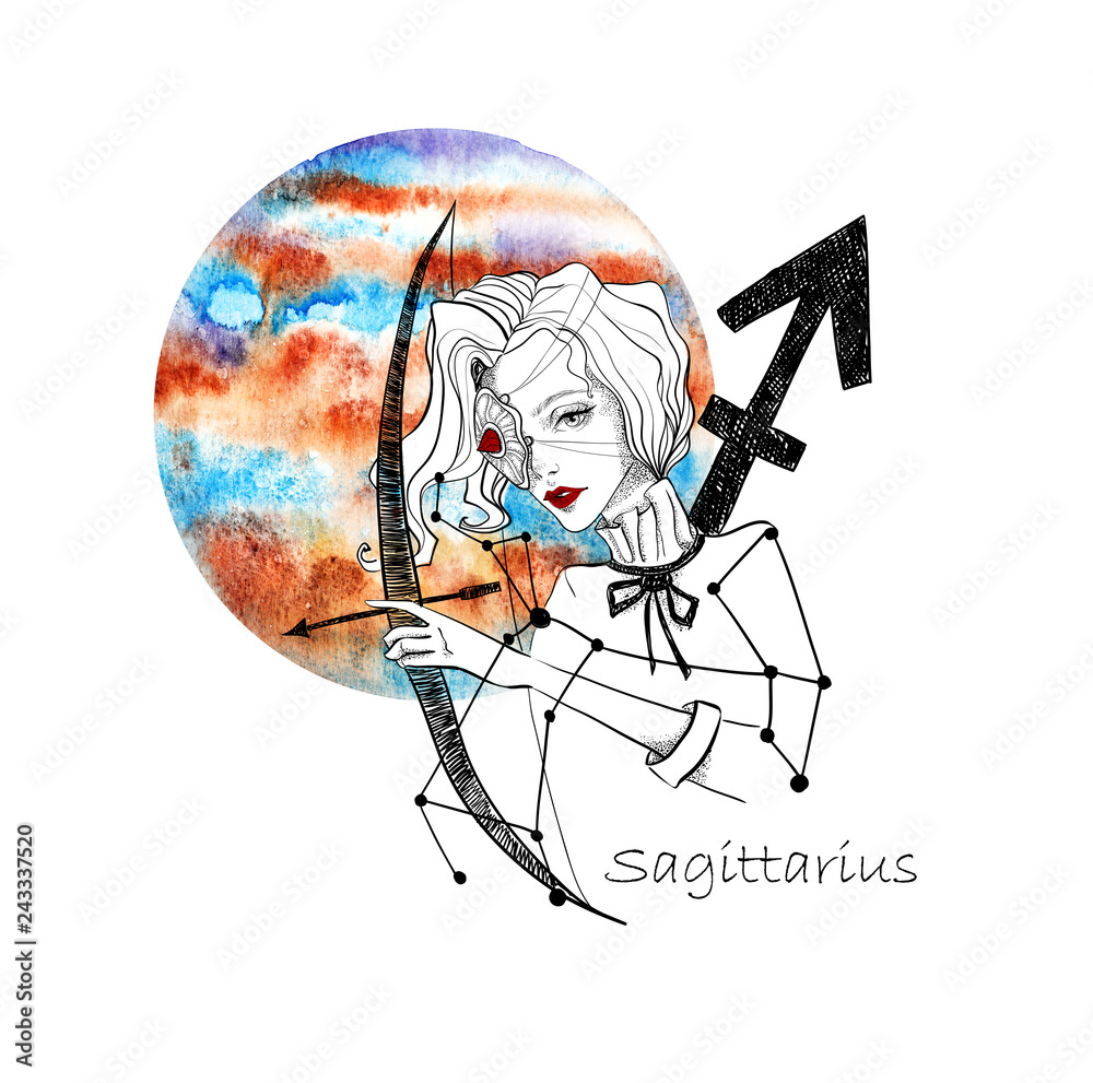 Zodiac sign Sagittarius. Beautiful girl with bow and arrow against the  planet Jupiter. Zodiac constellation Stock Illustration | Adobe Stock